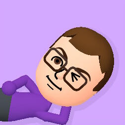 A Mii character with brown hair, light skin, and glasses, laying down and winking at the viewer.